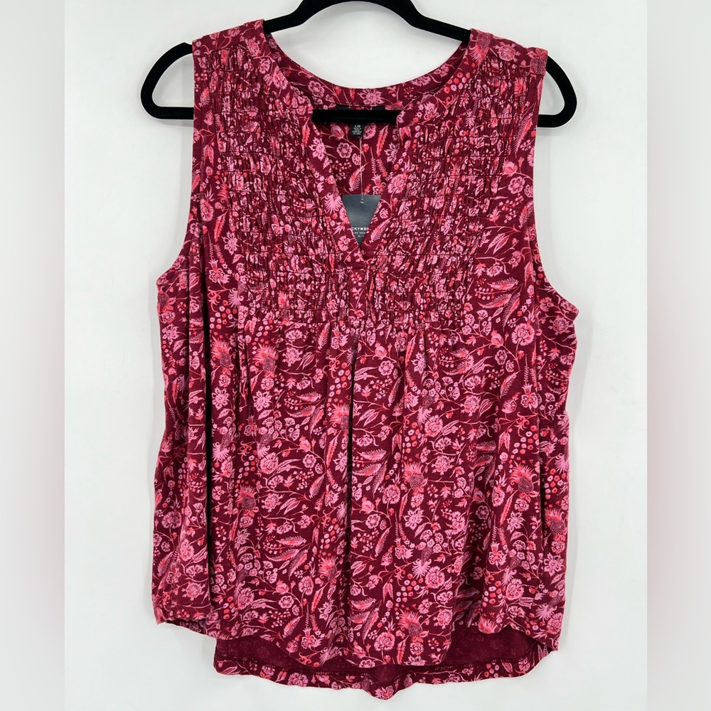 🆕 NWT Lucky Brand Floral Feather Sleeveless Boho Tank Top  Gathered Ruched Large